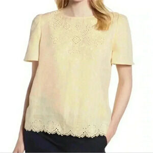 Nordstrom Signature Linen Top Yellow Eyelet Embroidered Top Blouse Large